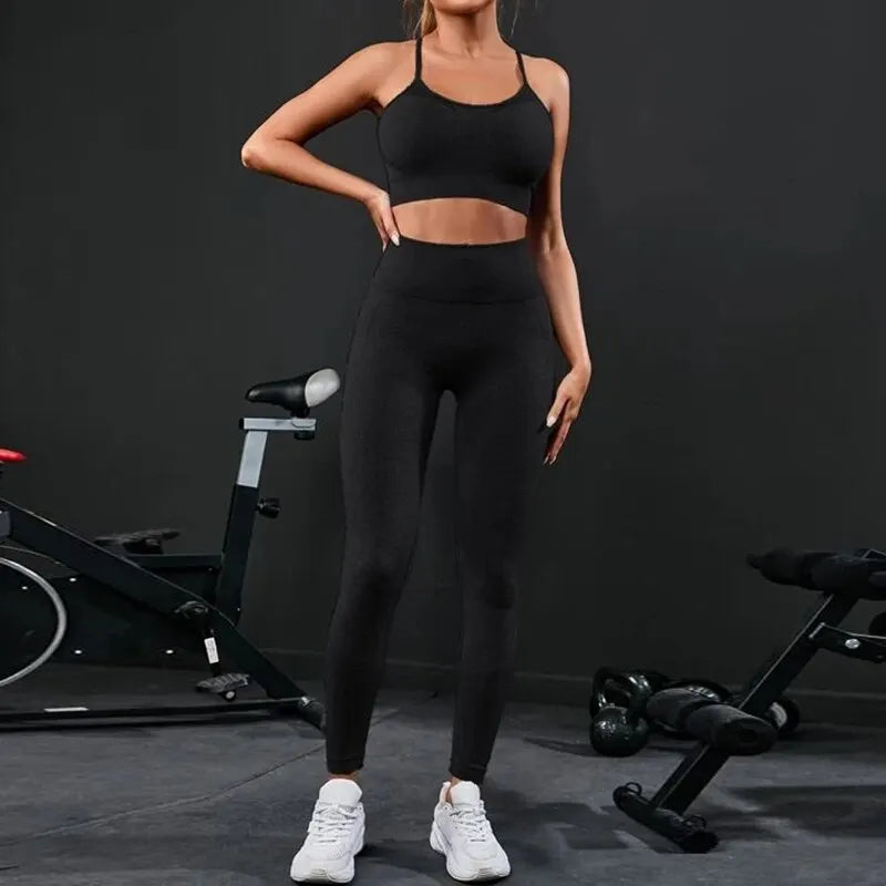 2 Pieces Women's Tracksuit Seamless Yoga Set Workout Sportswear Gym Clothing High Waist Leggings Fitness Sports Suits